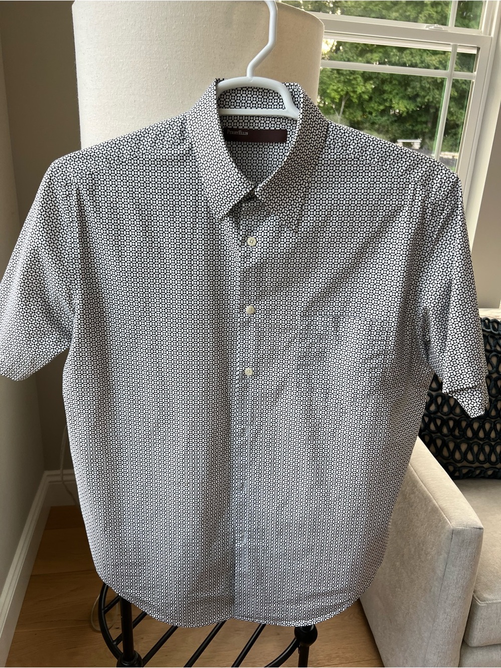 Perry Ellis Short-Sleeve Button-Down Shirt - Black & White Micro Geo